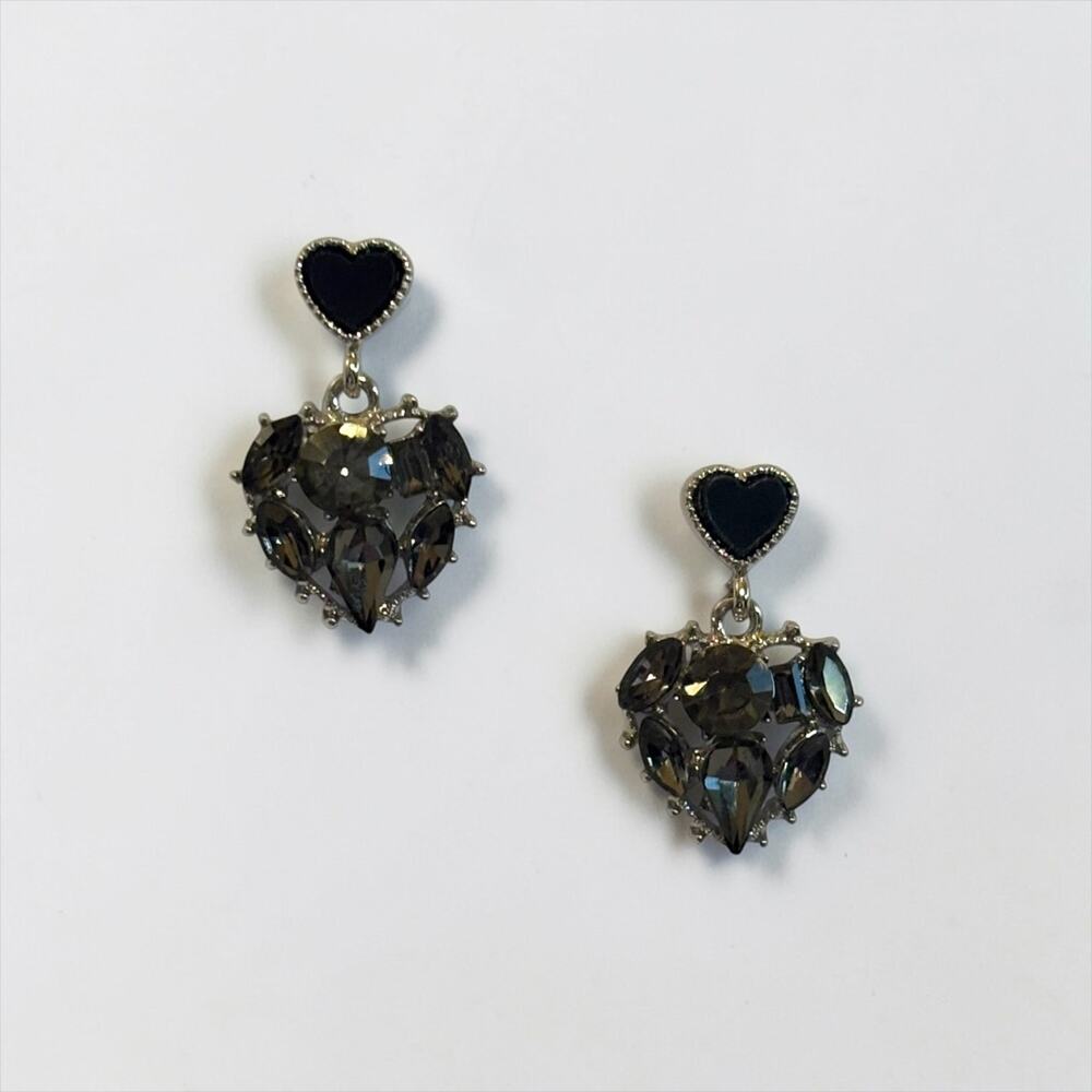 Black Crystal Double Heart Dangle Earrings